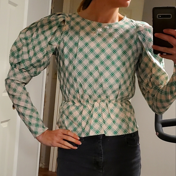 DAISY STREET Peplum Top Balloon Sleeve Plaid Open Back Cropped - Picture 1 of 6